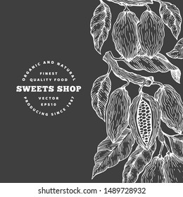 Cocoa bean tree banner template. Chocolate cocoa beans background. Vector hand drawn illustration on chalk board. Vintage style illustration.
