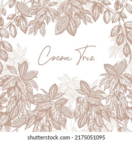 Cocoa bean tree banner template. Chocolate cocoa beans background. Vector hand drawn illustration. Vintage style illustration.