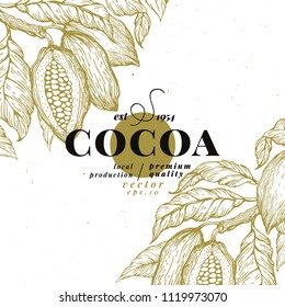 Cocoa bean tree design template. Chocolate cocoa beans logo. Vector hand drawn illustration. Retro style background.