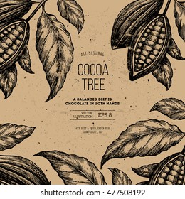 Cocoa bean tree design template. Engraved style illustration. Chocolate cocoa beans. Vector illustration