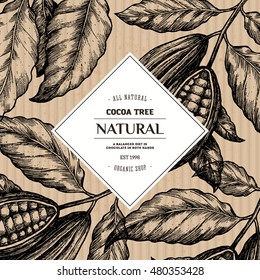 Cocoa bean tree design template. Engraved style illustration. Chocolate cocoa beans. Vector illustration