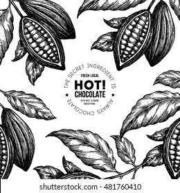 Cocoa Bean Tree Design Template. Engraved Style Illustration. Chocolate Cocoa Beans. Vector Illustration