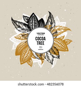 Cocoa bean tree design template. Engraved style illustration. Chocolate cocoa beans. Vector illustration