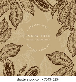 Cocoa bean tree design template. Engraved style vector illustration. Chocolate cocoa beans. Typography stamp or label