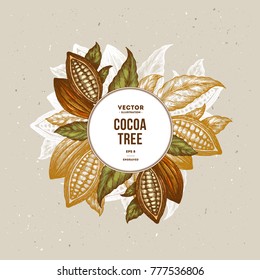 Cocoa bean tree design template. Engraved style illustration. Chocolate cocoa beans. Vector illustration