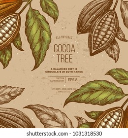 Cocoa bean tree frame design template. Engraved style illustration. Chocolate cocoa beans. Vector illustration