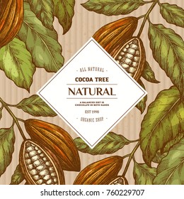 Cocoa bean tree round design template. Engraved style illustration. Chocolate cocoa beans. Vector illustration