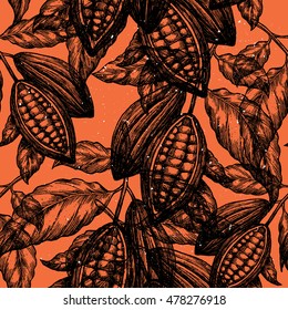 Cocoa Bean Tree Seamless Pattern. Engraved Style Illustration. Chocolate Cocoa Beans. Vector Illustration