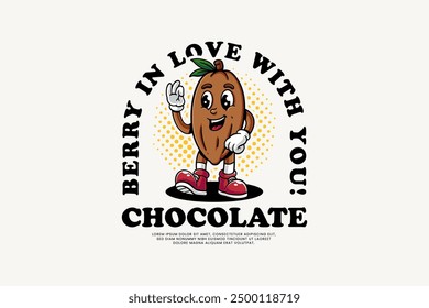 Cocoa Bean Vector Icon Illustration. Cacao Pods Retro Logo Mascot Cartoon Character with Walking Pose and Ok Hand Suitable for Web Landing Page, Banner, Flyer, Sticker, Card