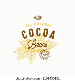 Cocoa Beans Abstract Vector Sign, Symbol or Logo Template. Hand Drawn Cacao Bean with Premium Vintage Typography and Quality Seal. Stylish Classy Vector Emblem Concept. Isolated.