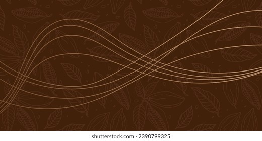 Cocoa beans background with smooth decorative wave lines. Chocolate wrapper. Chocolate background with cocoa beans and hand drawn lettering. Repeated Vector for poster, card, label, sticker, logo
