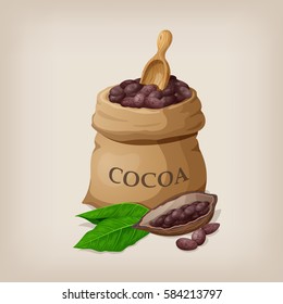 Cocoa beans in a bag. Vector illustration