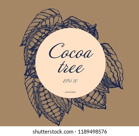 cocoa beans, branch, engraving style, vector illustration, hand drawing, banner
