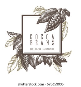 Cocoa beans and branch. Square frame template sketch illustration. Vector design elements hand drawn artwork.