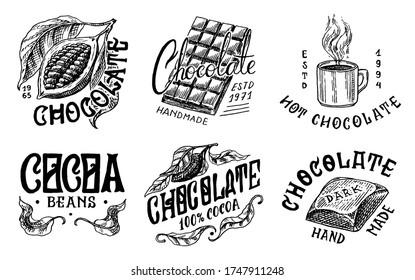 Cocoa Beans and chocolate bar. Grains, Woman and cup of drink. Vintage badge or logo set for t-shirts, typography, shop or signboards. Hand Drawn engraved sketch. Vector illustration.