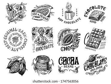 Cocoa Beans and Chocolate. Cacao grains, Woman and cup of drink. Vintage badge or logo set for t-shirts, typography, shop or signboards. Hand Drawn engraved sketch. Vector illustration.