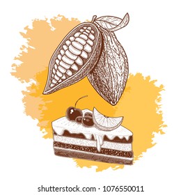 Cocoa beans and chocolate cake, illustrations for label design.