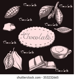Cocoa beans, chocolate, candy and sweets. Vector ink set on brown background.