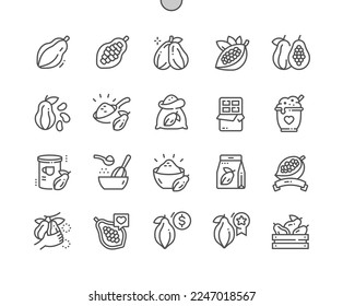 Granos de cacao. Chocolate. Cocina, recetas y precios. Todo y medio cacao. Tienda de comida, supermercado. Menú para la cafetería. Iconos De Línea Delgada De Vector Perfecto De Pixel. Pictograma mínimo simple