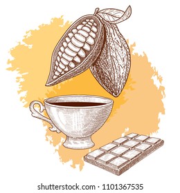 Cocoa beans and chocolate and cup of hot chocolate, vector illustration for label design.