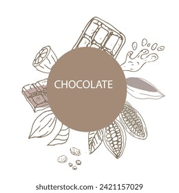 Cocoa beans and chocolate doodle background. Vector illustration isolated. Hand drawn outline vector illustration. Suitable for wrapping, packaging, poster. Chocolate sliced and cacao beans. 