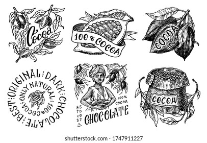 Cocoa Beans and Chocolate. Grains and bag. Woman harvests. Vintage badge or logo set for t-shirts, typography, shop or signboards. Hand Drawn engraved sketch. Vector illustration.