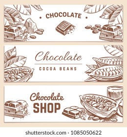 Cocoa beans, chocolate product horizontal vector banners set. Bean cacao, plant and seed for sweetness illustration