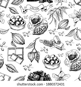 Cocoa beans, chocolate, sweets. graphic hand-drawn illustration, set. Print, textiles, menu, baked goods, dessert.