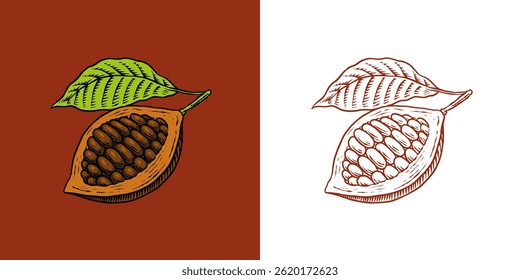Cocoa Beans and Chocolate for t-shirts, typography, shop or signboards. Hand Drawn engraved sketch. Vector illustration.
