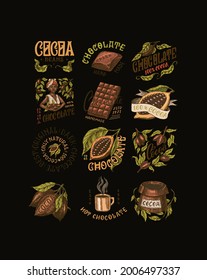 Cocoa Beans and Chocolate. Woman and cup of drink. Vintage badge or logo set for t-shirts, typography, shop or signboards. Hand Drawn engraved sketch. Vector illustration.