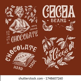 Cocoa Beans and Chocolate. Woman harvests. Vintage badge or logo for t-shirts, typography, shop or signboards. Hand Drawn engraved sketch. Vector illustration.