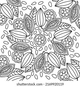 Cocoa beans Coloring book page for adult. Fruits, flowers of the chocolate tree. Vector background. Hand drawing illustration .