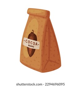 Cocoa beans craft paper bag. Chocolate product packaging cartoon vector illustration