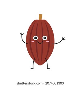 Granos de cacao lindo personaje caricatura saludo mano sonriente cara feliz alegría dulce emociones dulces señas chocolate oscuro delicioso postre hermosa ilustración vectorial.