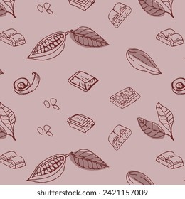 Cocoa beans doodle sketch and chocolate background. Vector illustration isolated. Hand drawn outline vector illustration. Suitable for wrapping, packaging, poster. Chocolate sliced and cacao pattern