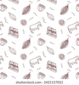 Cocoa beans doodle sketch and chocolate background. Vector illustration isolated. Hand drawn outline vector Suitable for wrapping, packaging, poster. Chocolate sliced and cacao beans
