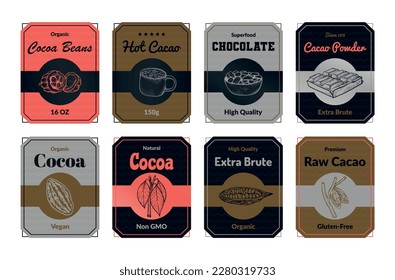 Cocoa beans engraved label organic natural high quality guarantee emblem set vector illustration. Fresh bunch plant hot drink cooking premium raw extra brute powder edible seed leaf dessert sticker