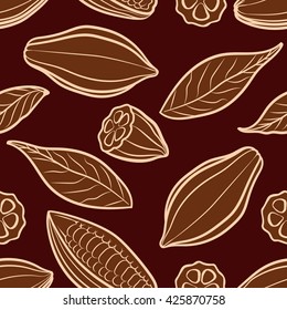Cocoa beans engraved seamless pattern. Chocolate packing vector illustration