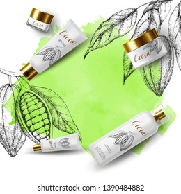Cocoa beans. Engraved vector sketch. Vintage design. Cream product ads: tube, jar, dispenser, cosmetic bottles. 3d realistic illustration. Skin care mockup beauty product. Watercolor background.