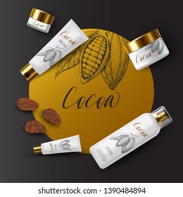 Cocoa beans. Engraved vector sketch. Vintage design. Cream product ads: tube, jar, dispenser, cosmetic bottles. 3d realistic illustration. Skin care mockup beauty product. Vector black background.