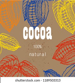 cocoa beans, engraving style, vector, color contour, hand drawing, banner, isolated