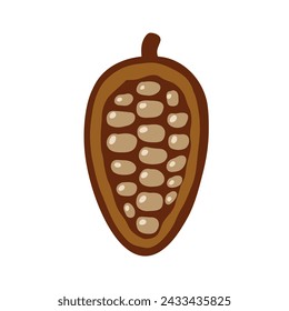Cocoa beans flat illustration. Cartoon chocolate beans from cocoa tree. Natural nut and brown seed. Fruit sweet ingredient food on white background