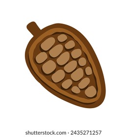 Ilustración plana de granos de cacao. Granos de chocolate de dibujos animados de un árbol de cacao. Comida de ingredientes dulces de frutas sobre fondo blanco. Nuez natural y semilla marrón
