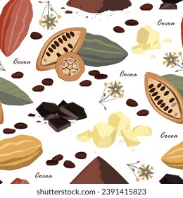 Granos de cacao, flores, mantequilla y cacao rallado sin costura. Frutas y semillas de cacao orgánicas extraídas a mano. Fondo vectorial de cacao superalimentario.