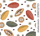 Cocoa beans and flowers seamless pattern. Hand drawn organic cacao fruits and, seeds. Superfood cacao vector background.