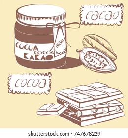 cocoa beans, cocoa fruit,half of cocoa bean, raw material, product, food, cream, chocolate, sweet, jar of cocoa, chocolate with nuts, fruit, brown, sweet, tropical, seeds, monochrome, skin, art