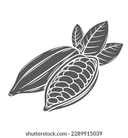 Cocoa beans glyph icon vector illustration. Stamp of whole and half tropical pods with seeds and leaf, botanical branch of cacao plant with kakao fruit, raw ripe ingredient for cooking chocolate