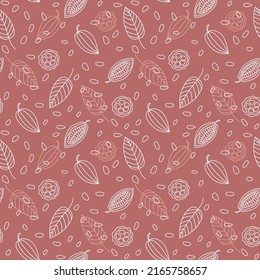 Cocoa beans, grains, pod Seamless pattern. Hand drawn vector illustration, graphics, monochrome.