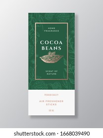 Cocoa Beans Home Fragrance Abstract Vector Label Template. Hand Drawn Sketch Flowers, Leaves Background and Retro Typography. Premium Room Perfume Packaging Design Layout. Realistic Mockup. Isolated.