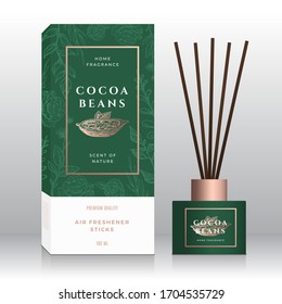 Cocoa Beans Home Fragrance Sticks Abstract Vector Label Box Template. Hand Drawn Sketch Flowers, Leaves Background. Retro Typography. Room Perfume Packaging Design Layout. Realistic Mockup. Isolated.